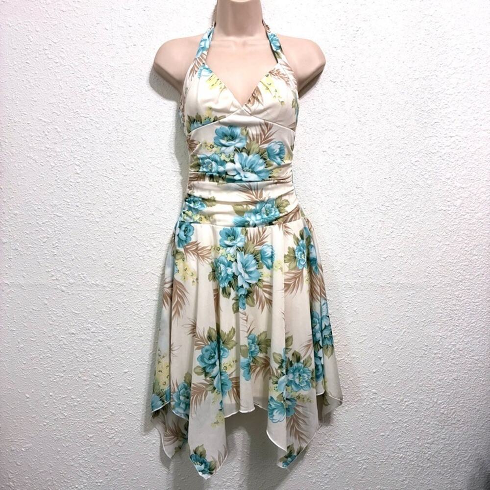 Vtg Y2K Trixxi Halter Dress Ruched Floral Fairy Grunge Pixie Asymmetrical Sz S